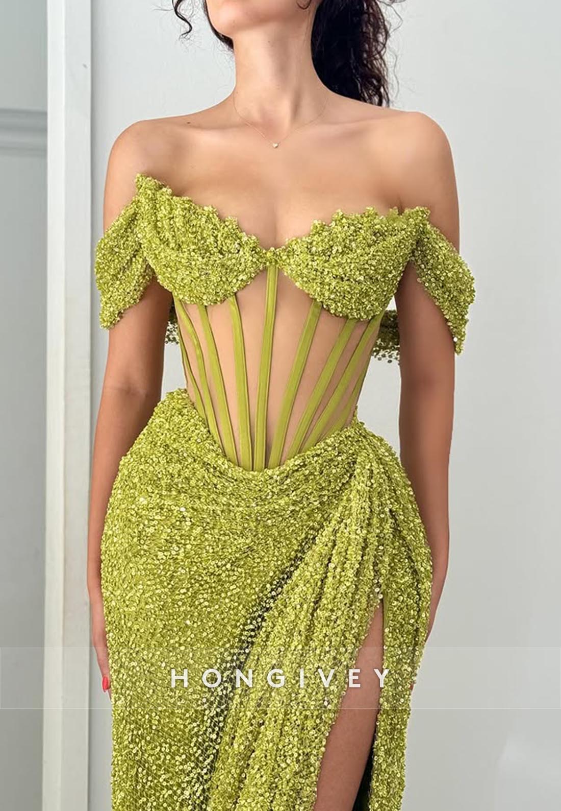 Fully Beaded Illusion Cutout Off-Shoulder Long Evening Prom Dresses