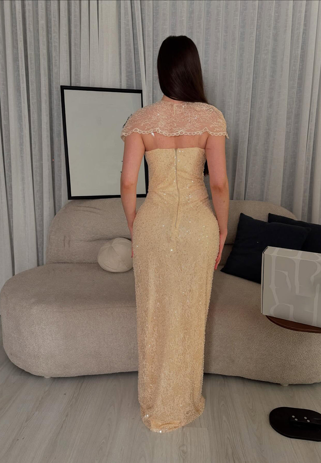 Yellow Lace Sequins Sparkle Mermaid Sleeveless Evening Dress Foraml Women