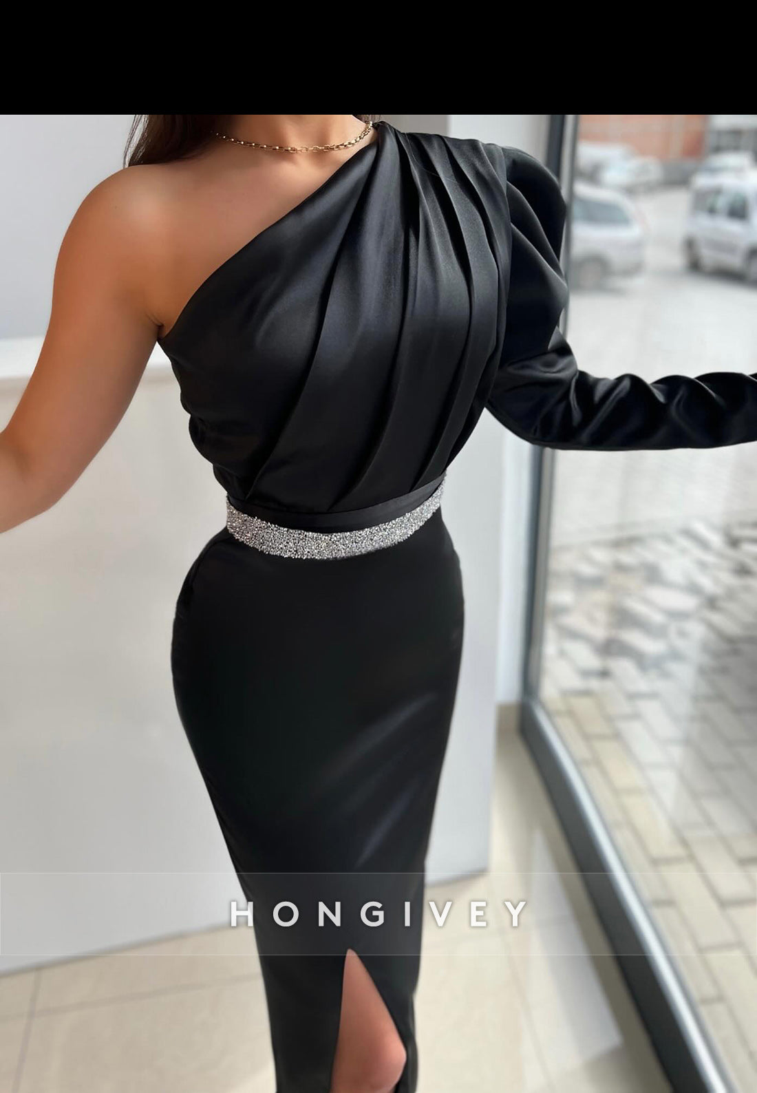 Side Slit One shoulder Sheath Floor-Length Satin Pleated Evening Gown