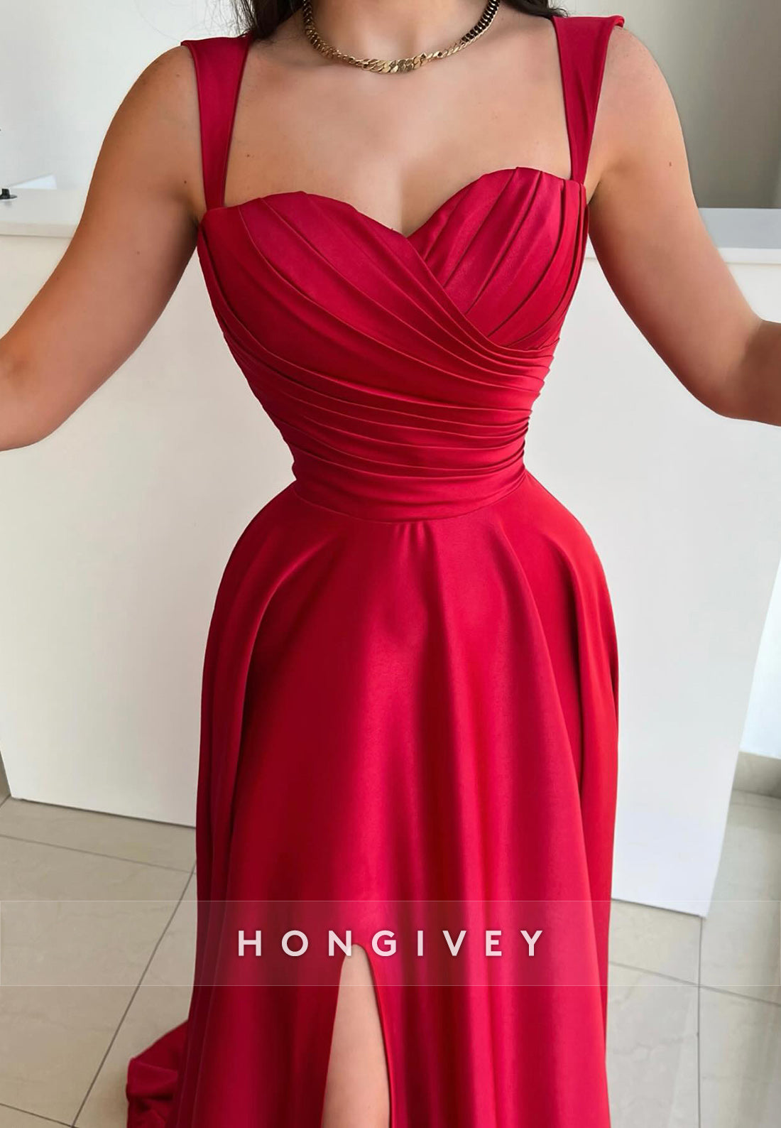 High Slit Empire Court Train Sweetheart Satin Cap Straps Pleated Formal Dresses