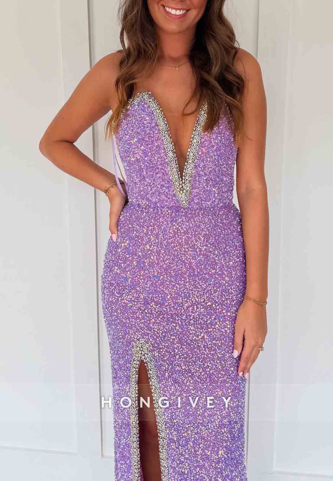 Strapless Column Low V-Neck Tahiti Sequins Beaded Prom Dresses with High Slit