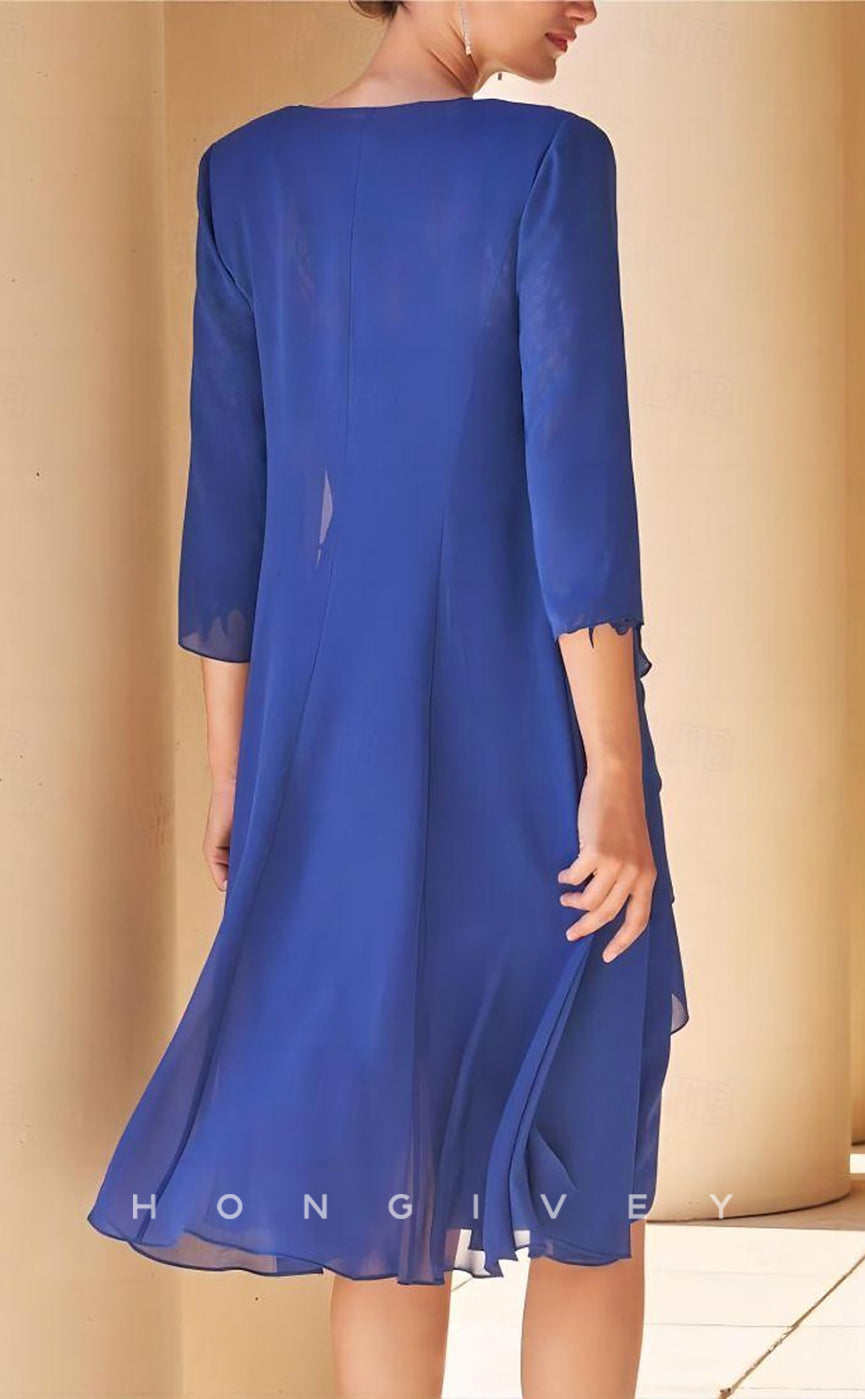 HM199 - Round Fitted 3/4 Sleeves Lace Applique Tiered Knee-Length Mother of the Bride Dress