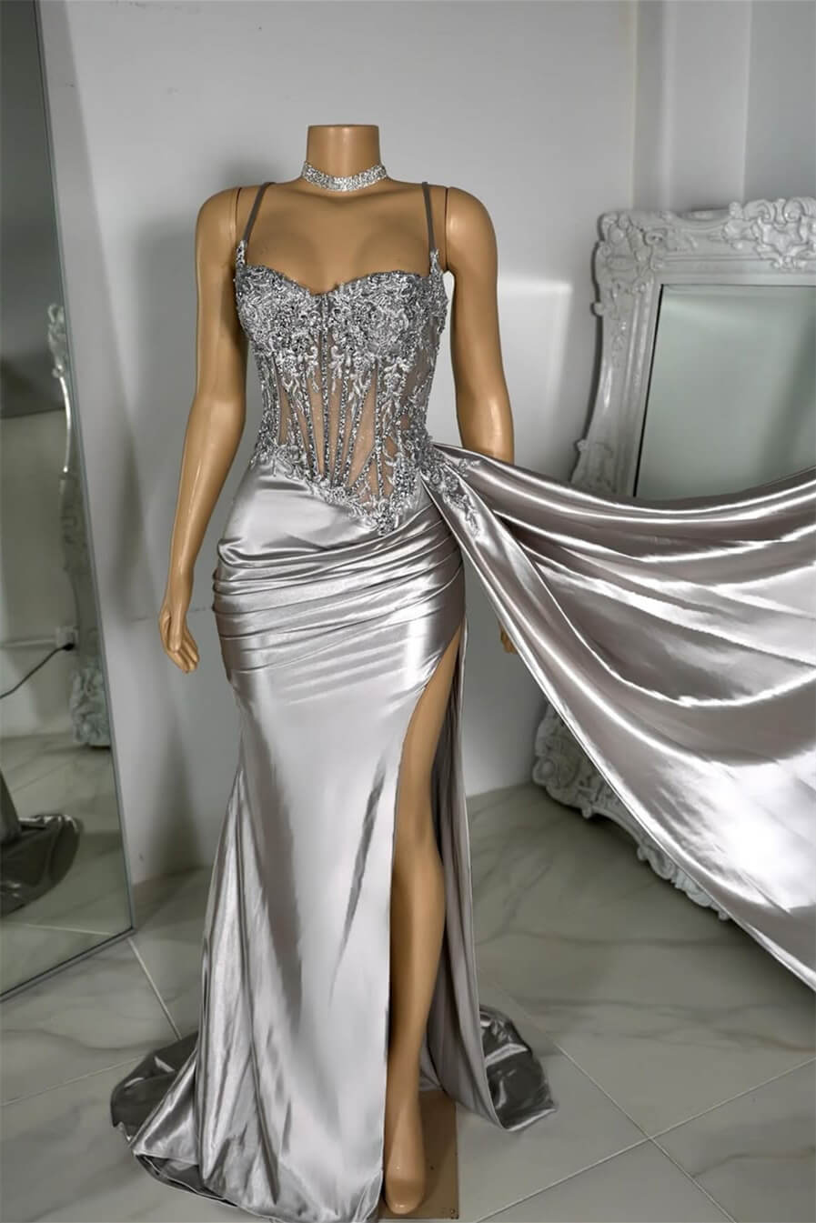 Silver Spaghetti-Straps Sleeveless Mermaid Prom Dress Split Long With Ruffles Appliques