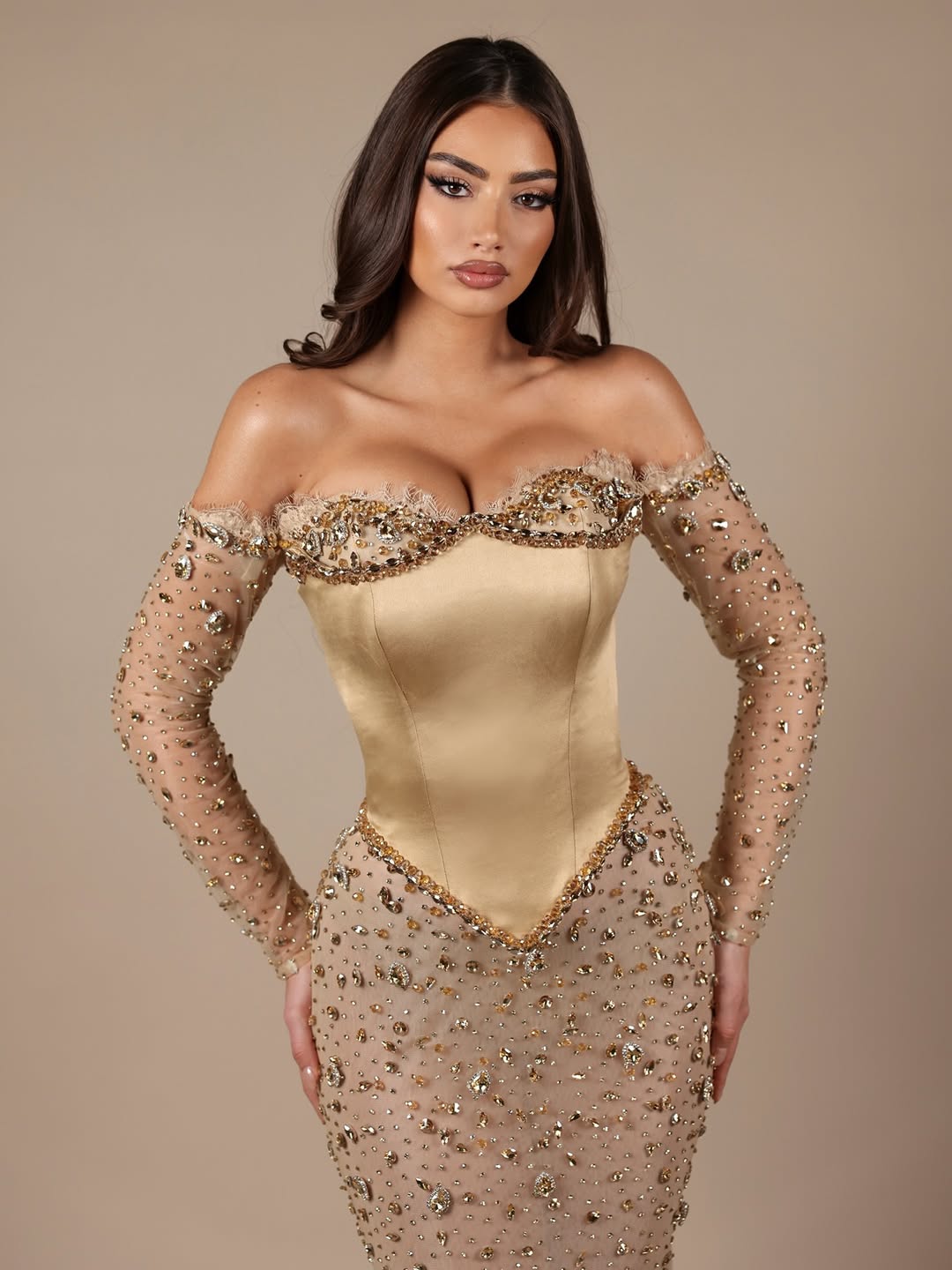 Long Sleeves Sweetheart Strapless Mermaid Beads Evening Dress