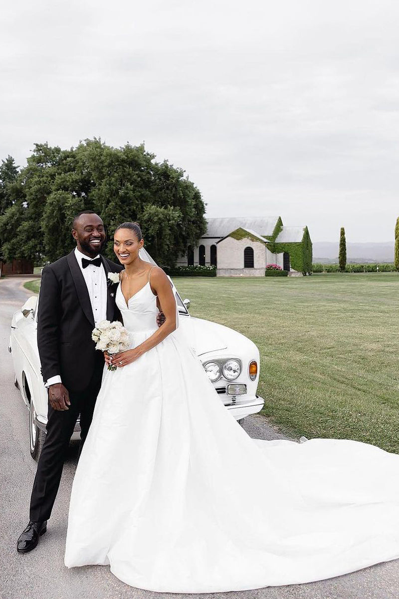 Elegant A-Line V Neck Satin Wedding Dresses