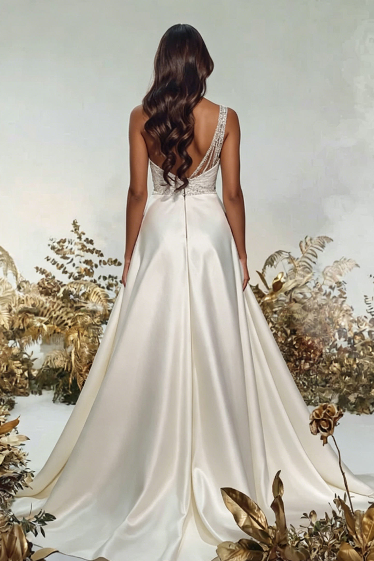 Beaded One Shoulder Draped Illusion Cutout High Slit With Train Wedding Dress