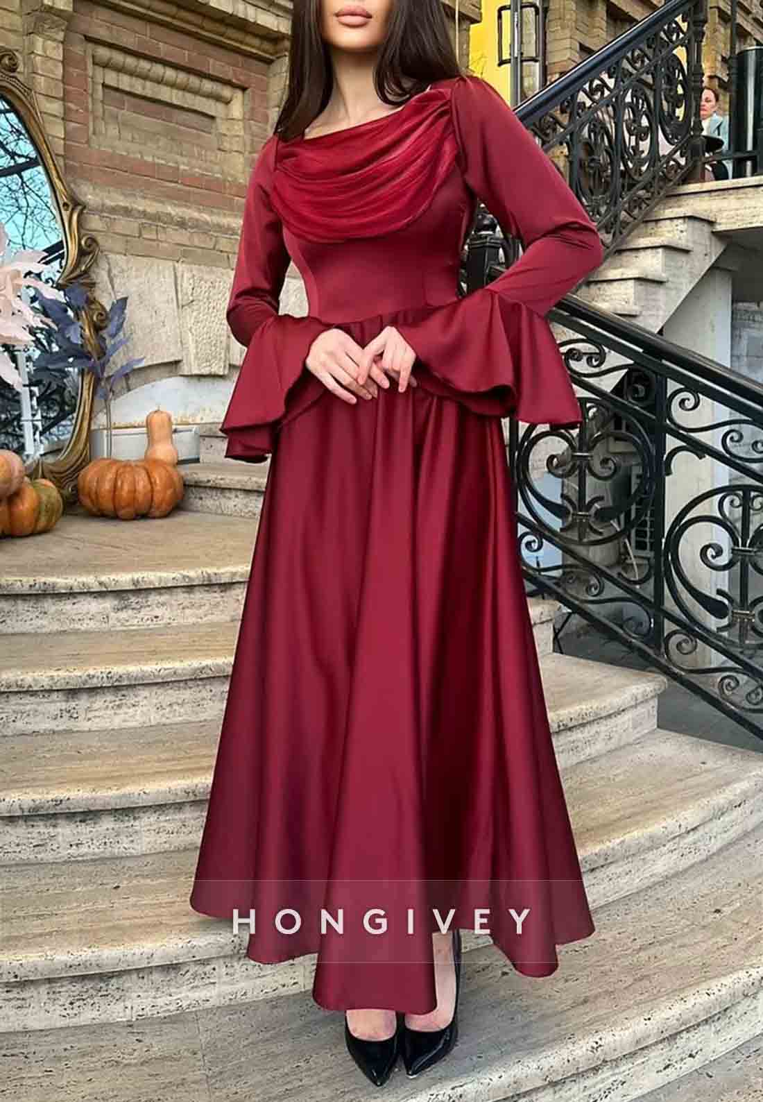 Cowl Neck Ankle-Length Bell Sleeves Pleated A-Line Evening Gowns