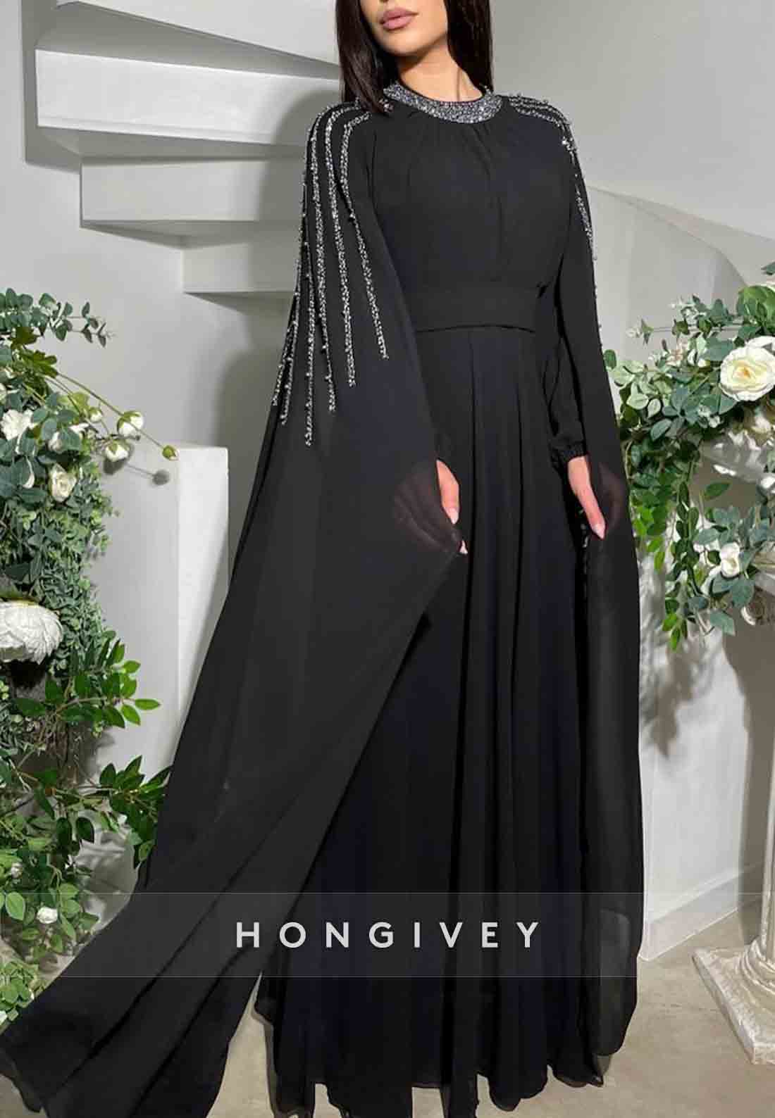 Long Sleeves Chiffon Pleated Floor-Length Beading Column Evening Gowns