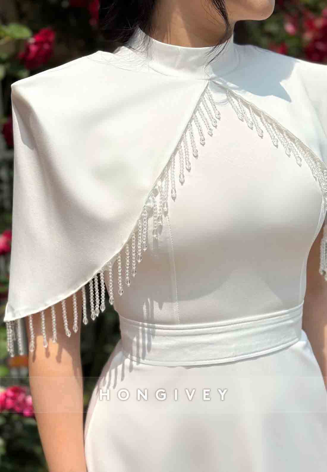 High Neck Shawl Formal Gowns A-Line Pleated Floor-Length Evening Gowns