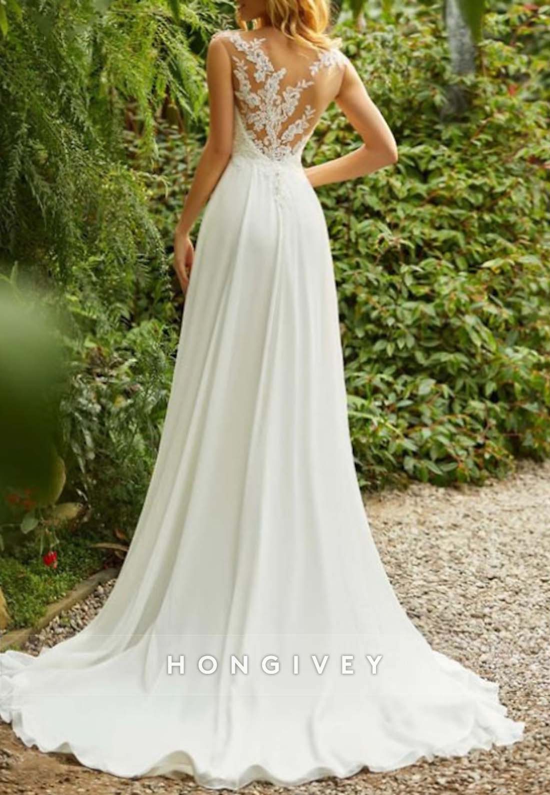 Cut out Back Pleated Sweep Train A-line Lace Sleeveless Boho Wedding Dresses