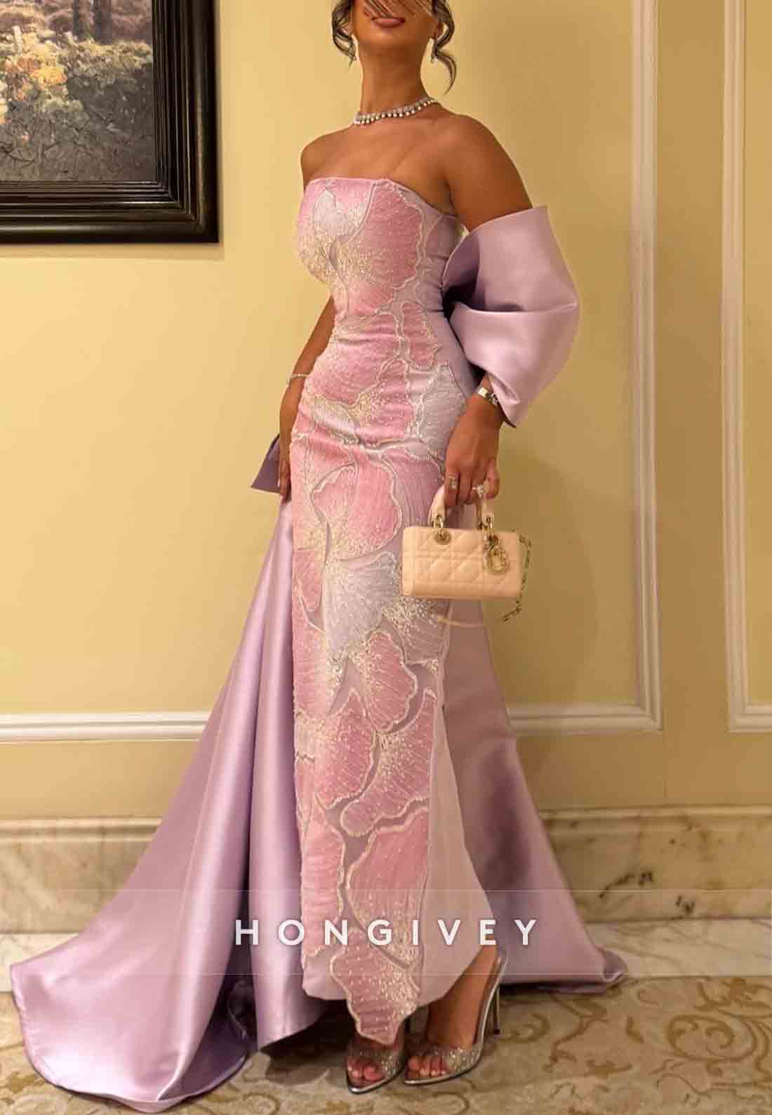 Floral Elegant Strapless Ankle-Length Mermaid Detachable Evening Gowns