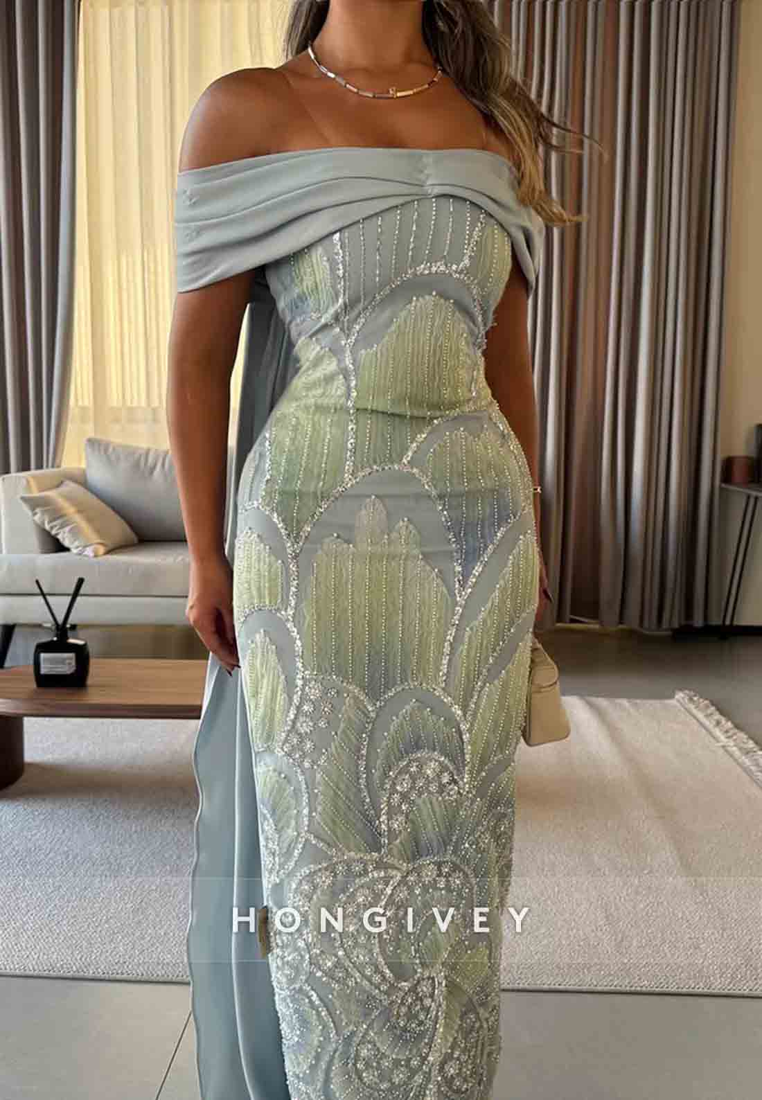 Off the Shoulder Sheath Ankle-Length Evening Gowns with Embroidery Flowers