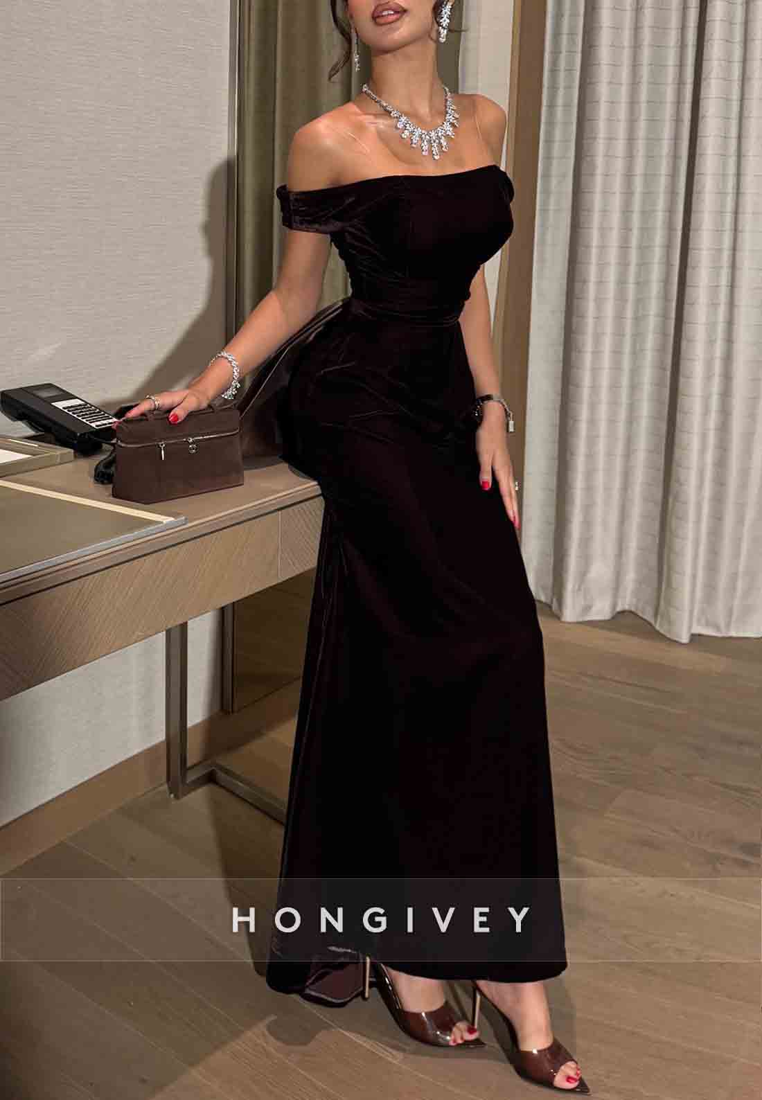 Black Off the Shoulder A-Line Ankle-Length Evening Gown with Bowknot