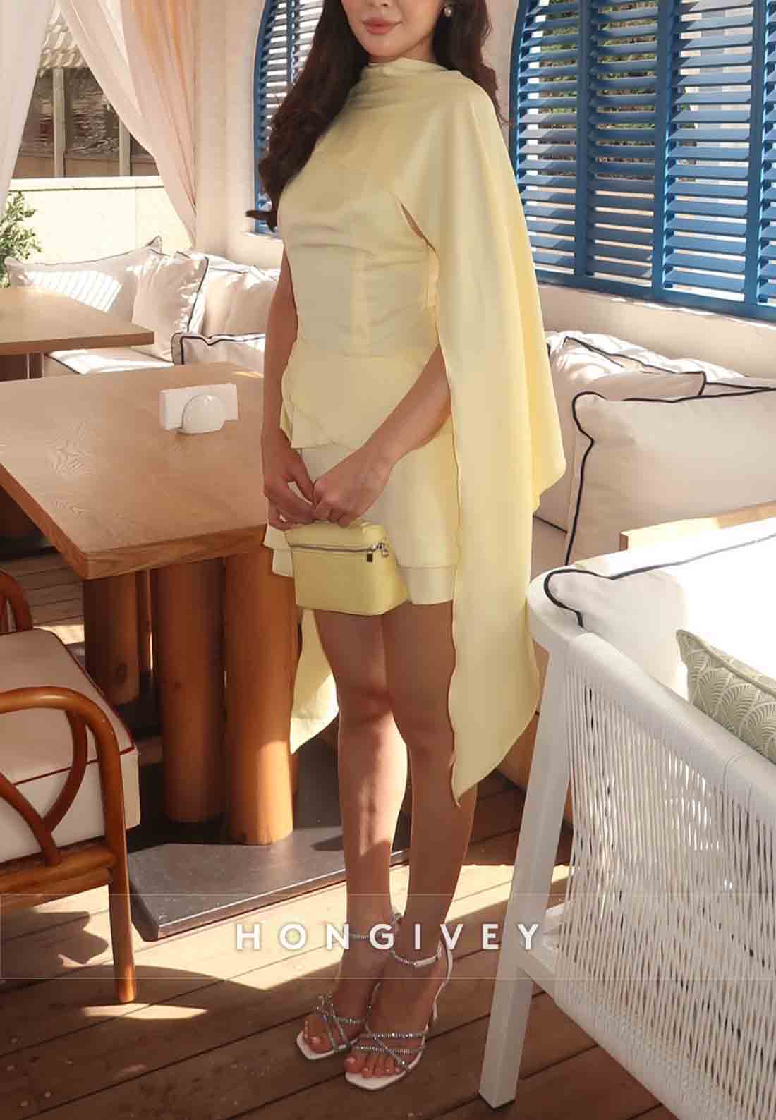 Eelgant Yellow Shawl A-Line Pleated Short Homecoming Dresses with Ruched