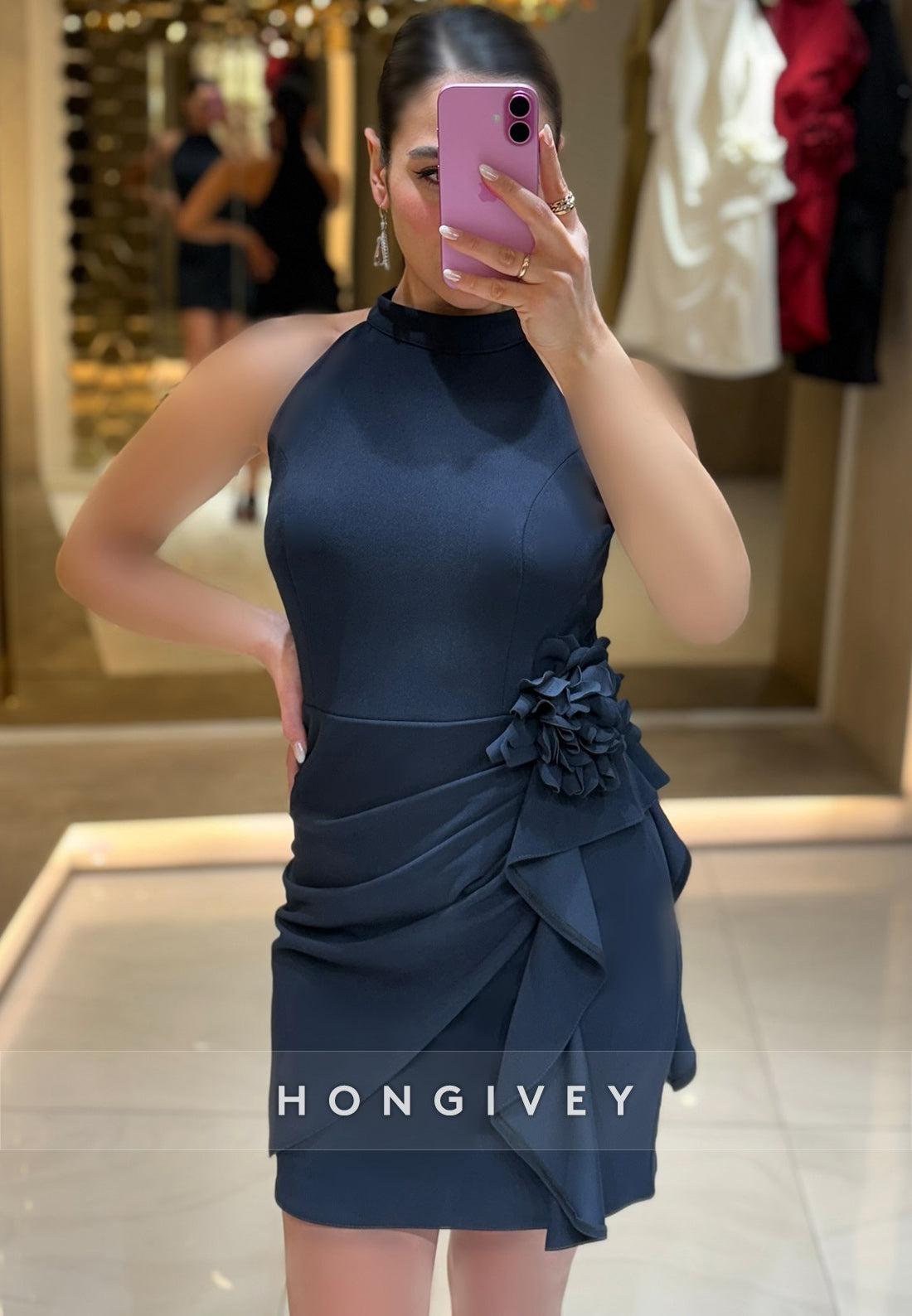 Sheath Cocktail Dresses Sleeveless Pleated Halter Short Dress