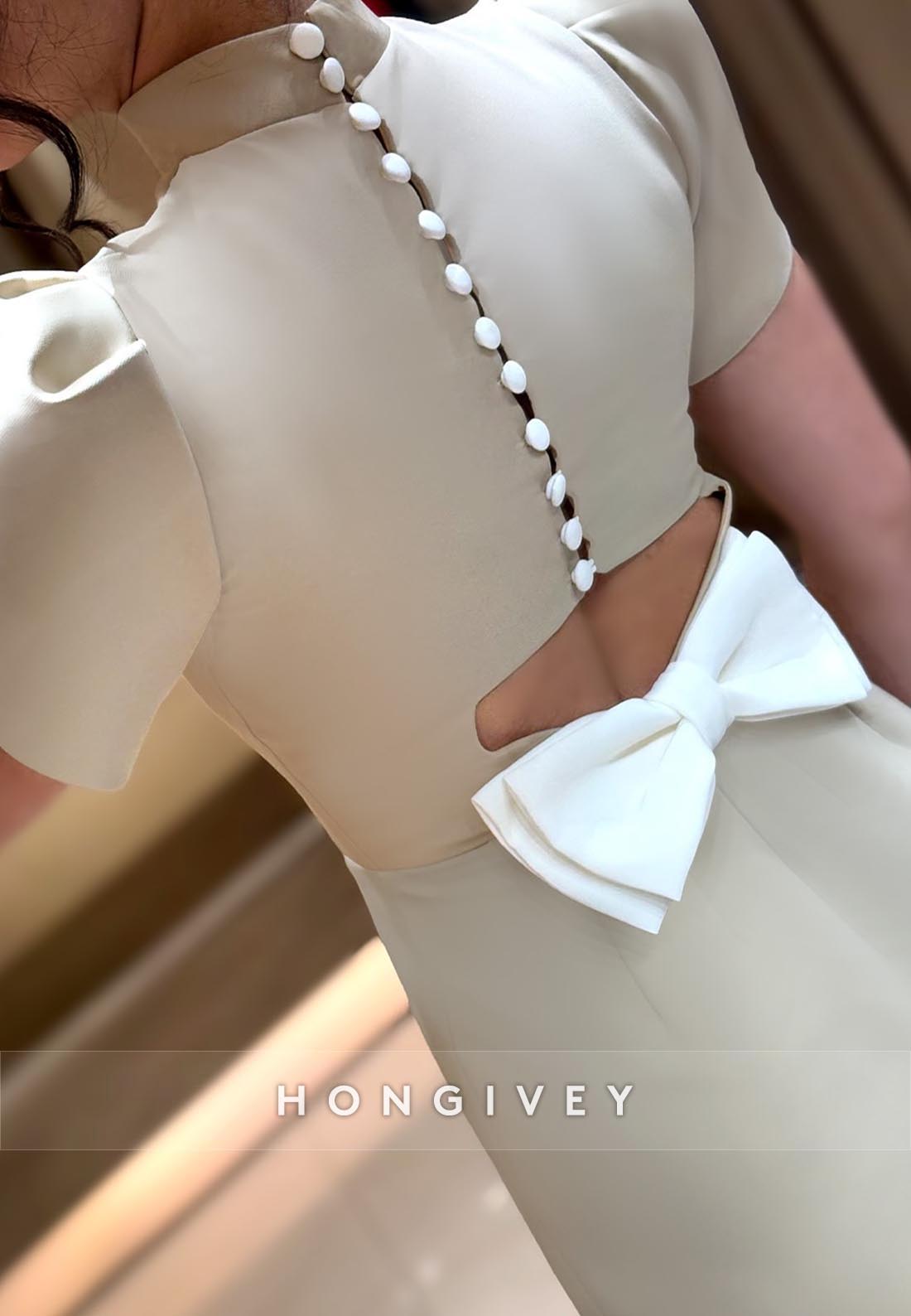 Bowknot Back Hole Sheath High Neck Short Sleeve Mini Party Dresses