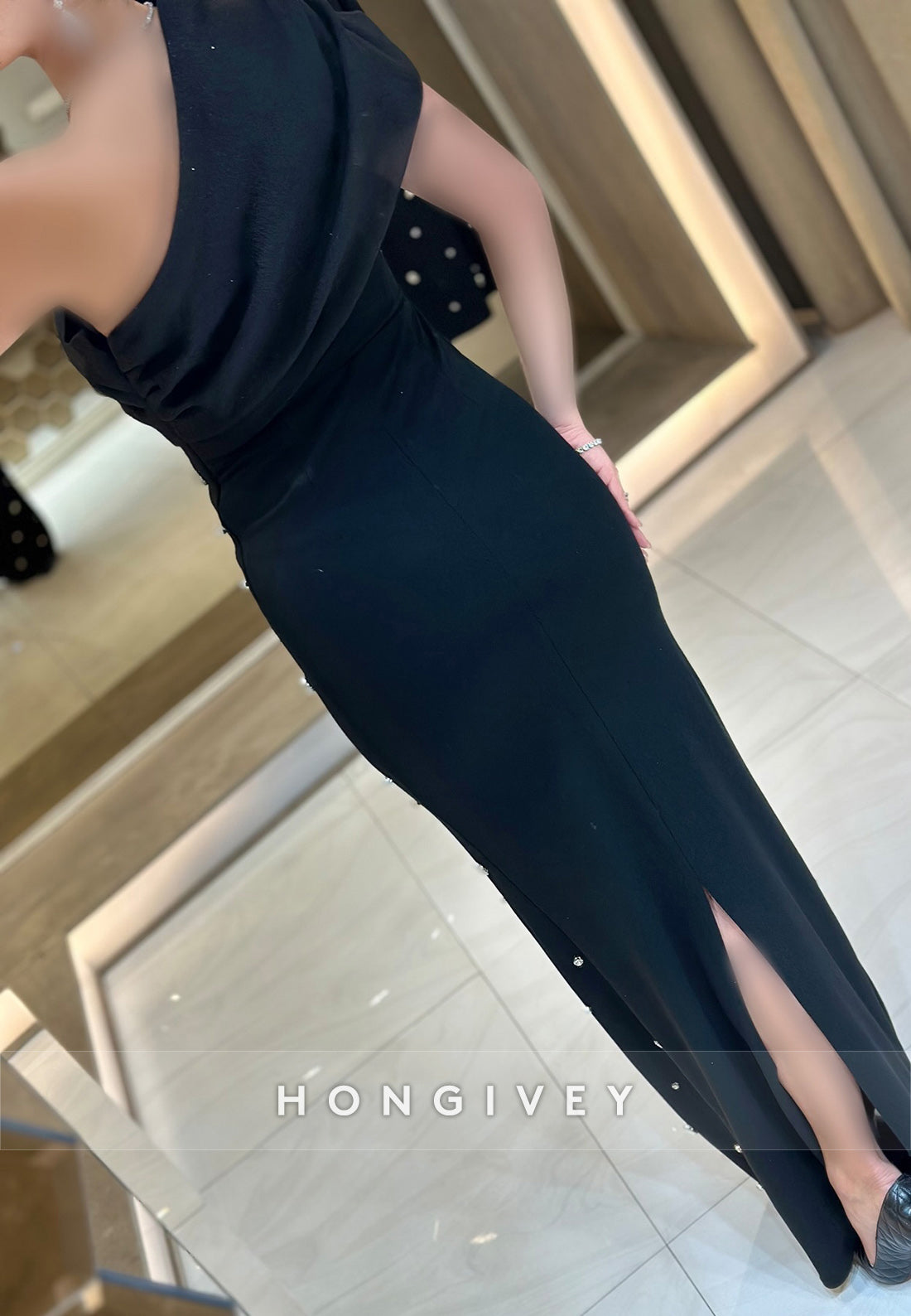 Split Sheath Rhinestone One Shoulder Floor-Length Sleeveless Pleated Evening Gown