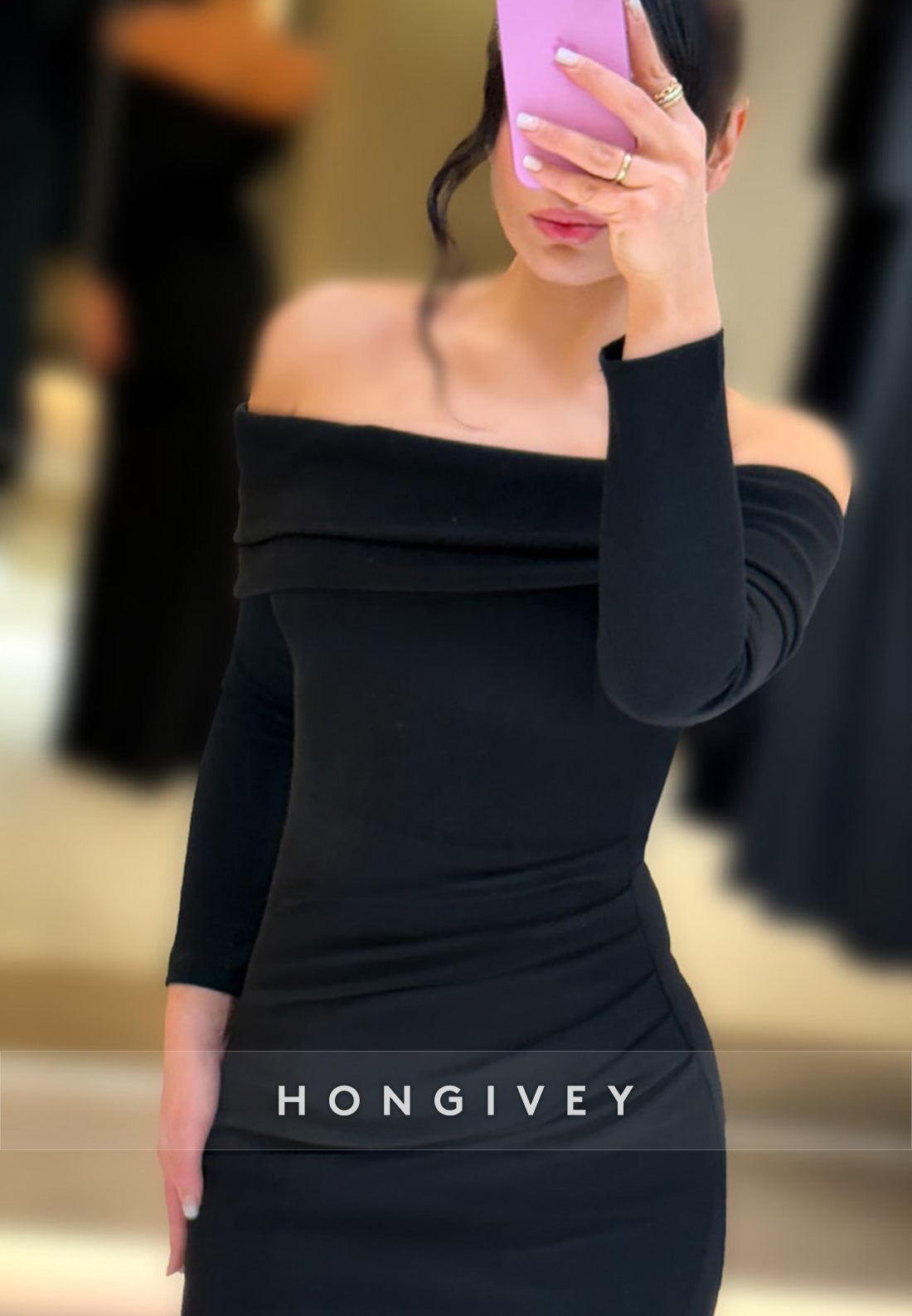 Long Sleeve Floor-Length Sheath Off the Shoulder Satin Pleated Evening Gowns