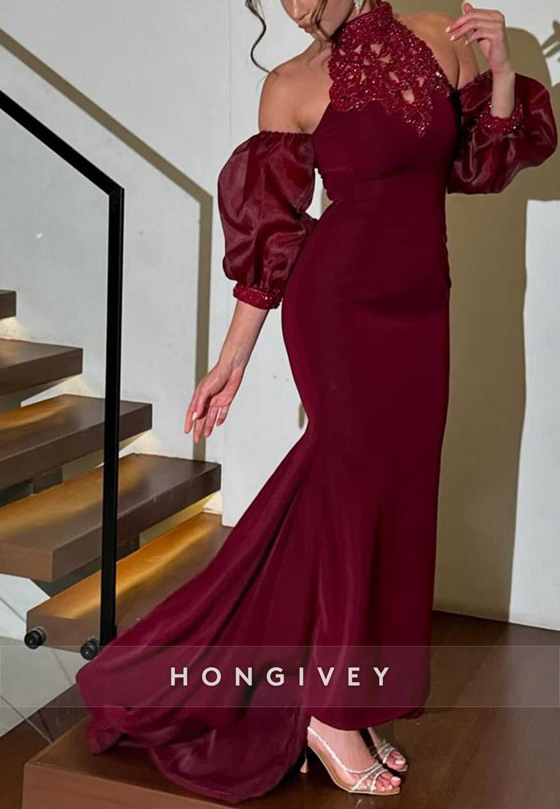 Puff Sleeves Evening Gown Trumpet Asymmetrical Halter Evening Gown