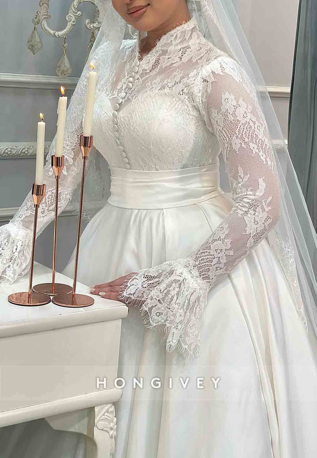 Long Sleeves Lace Satin Princess Pleated Empire Wedding Dresses