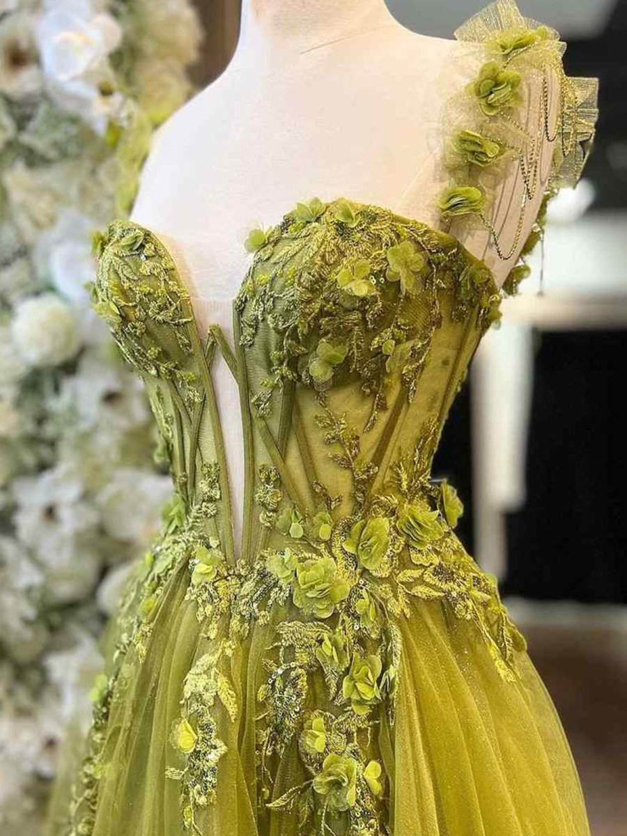 A-Line Olive Sweetheart Tulle Long Prom Dresses with Lace Appliques