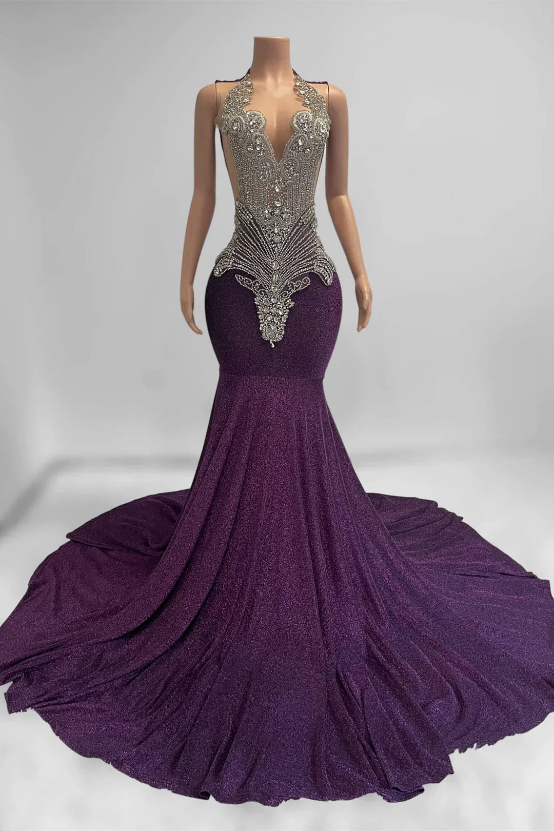 Purple Scoop Mermaid Prom Dress Sleeveless With Beadings Crystals