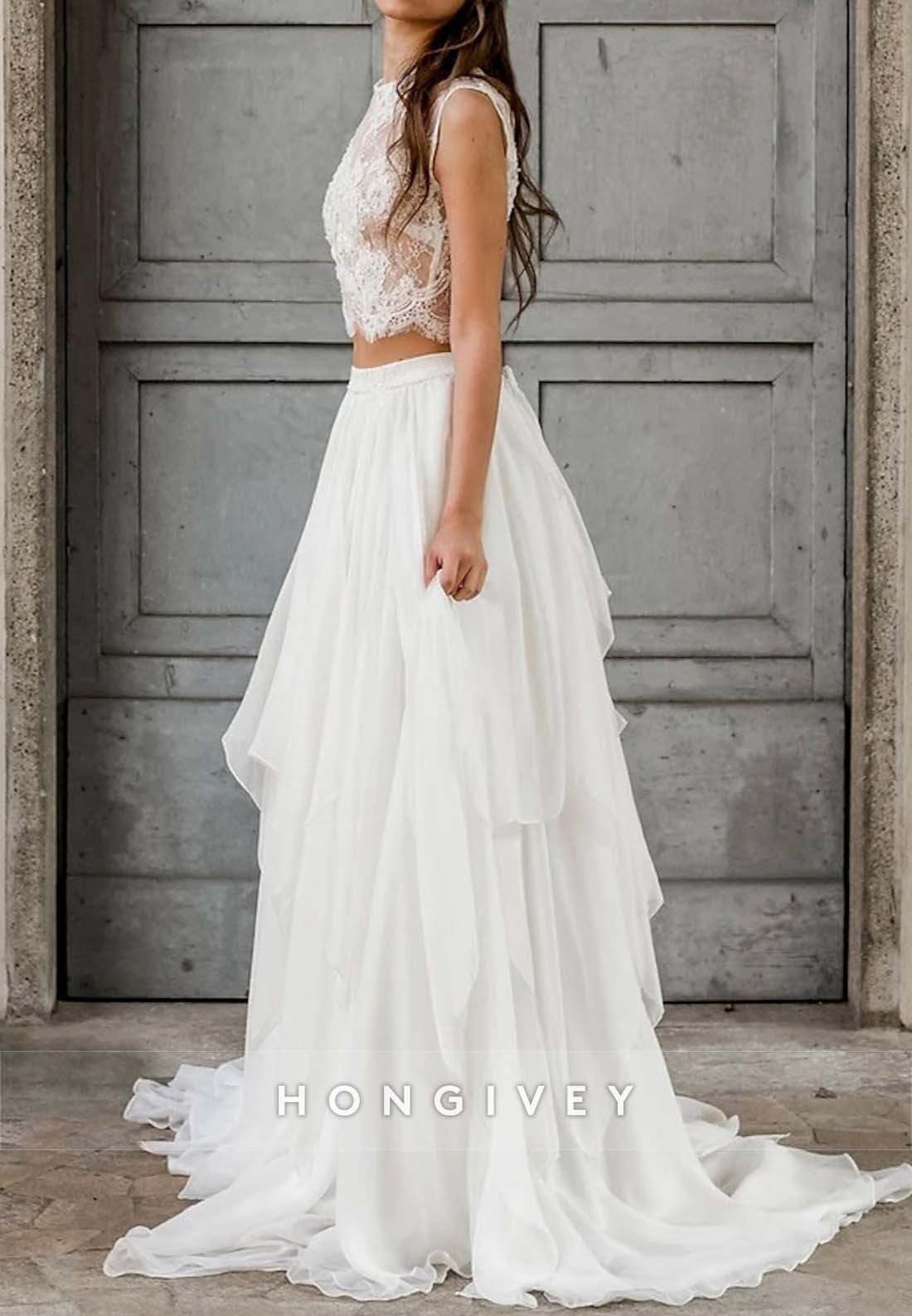Split Pleated Sleeveless Lace Sweep Train Boho Wedding Dresses