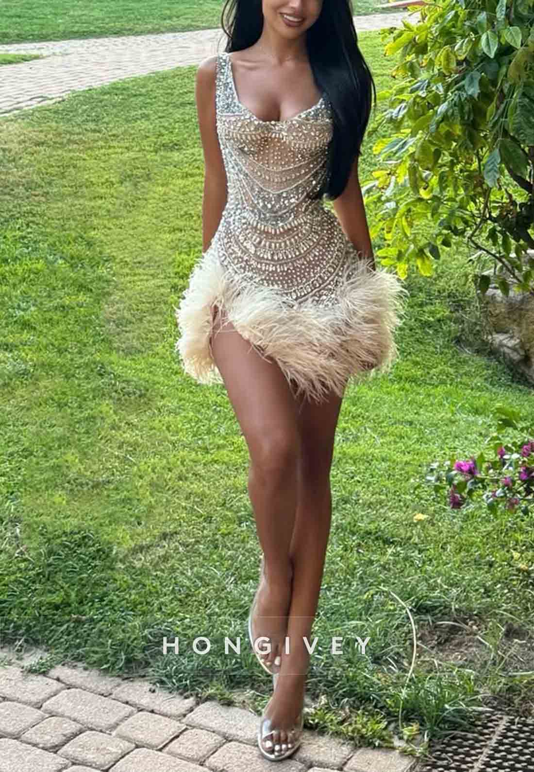 Sexy Regular Straps Feather Beading Sleeveless Pleated Mini Homecoming Dresses