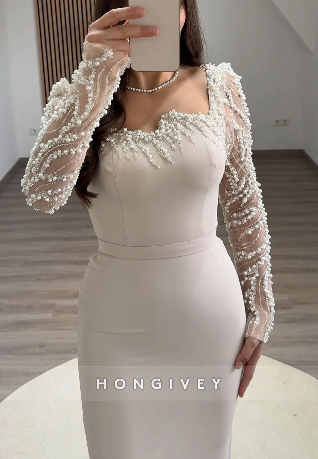 Column Asymmetrical Neck Evening Gown Long Sleeve Beading Ankle-Length Formal Dresses