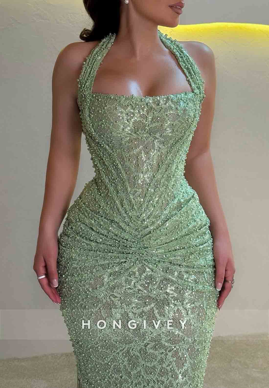 Sparkly Sage Beaded Floor-Length Pleated Trumpet Prom Dresses