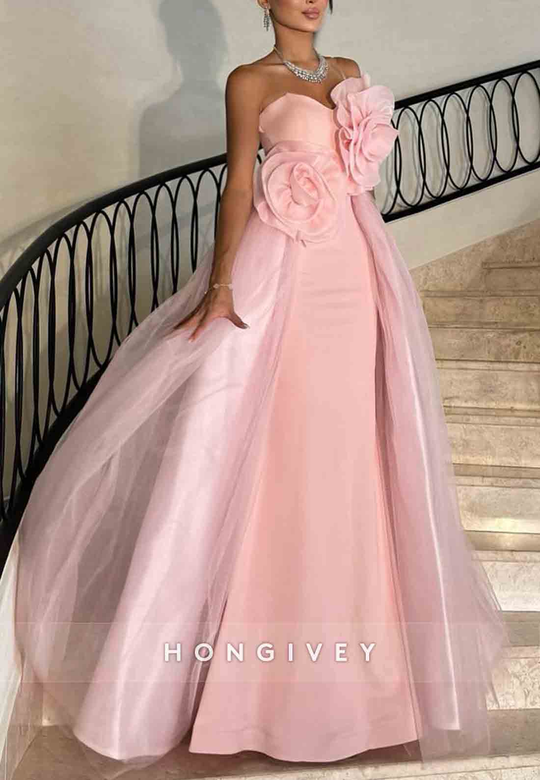 Light Pink A-Line Tulle Strapless Floor-Length Evening Gowns with 3D Flowers