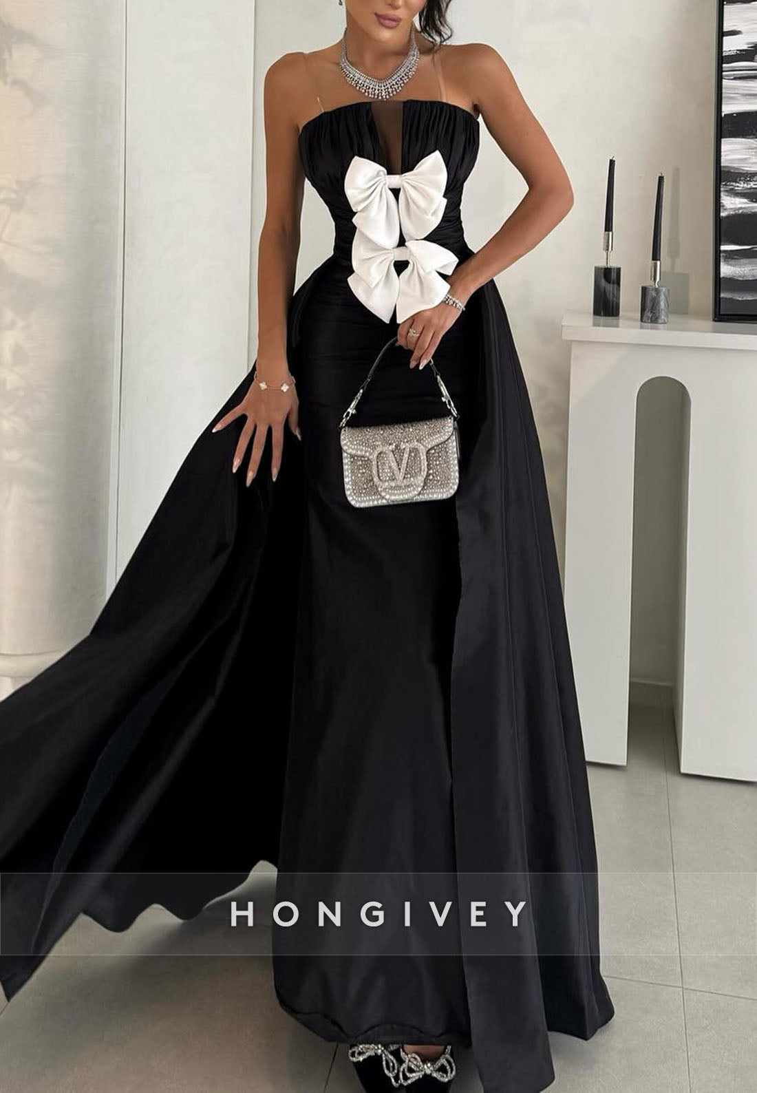 High Slit Floor-Length Strapless Trumpet Evening Gowns with Bowknots