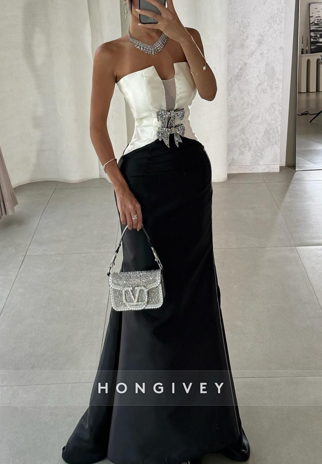 Strapless Trumpet Satin Asymmetrical Evening Gowns with Bowknots