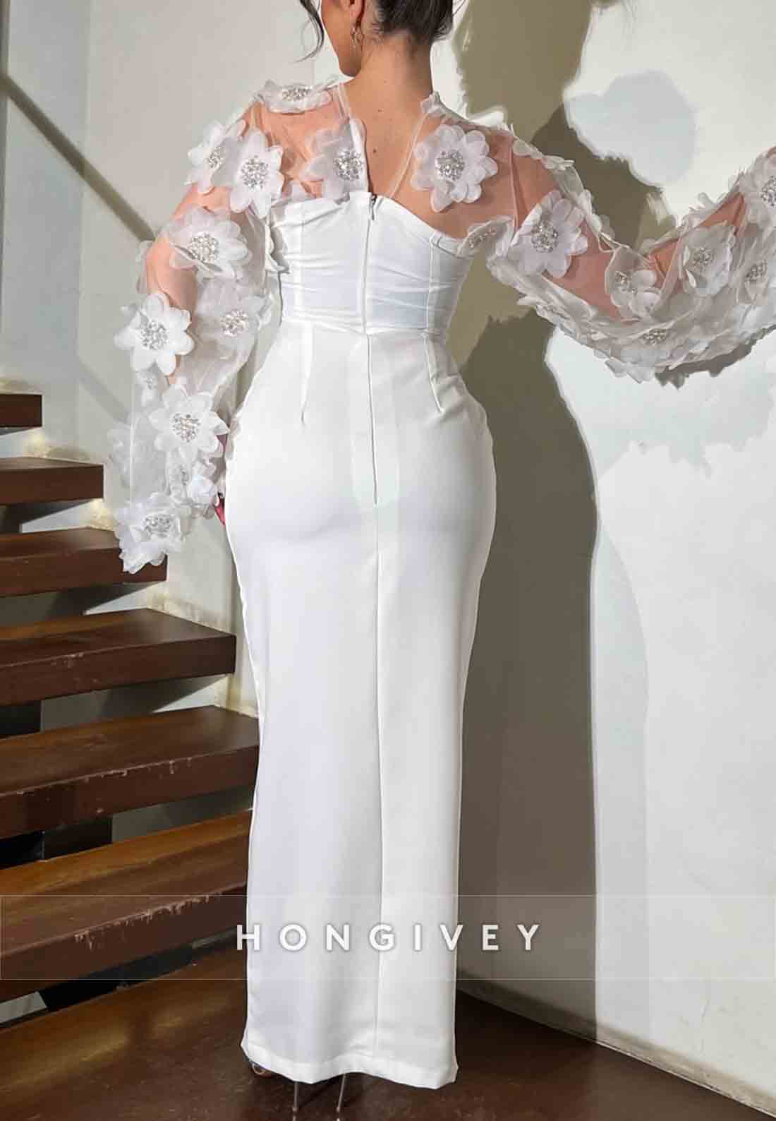 White Long Sleeves Sheath Side Slit Evening Gowns with Handmade Flowers