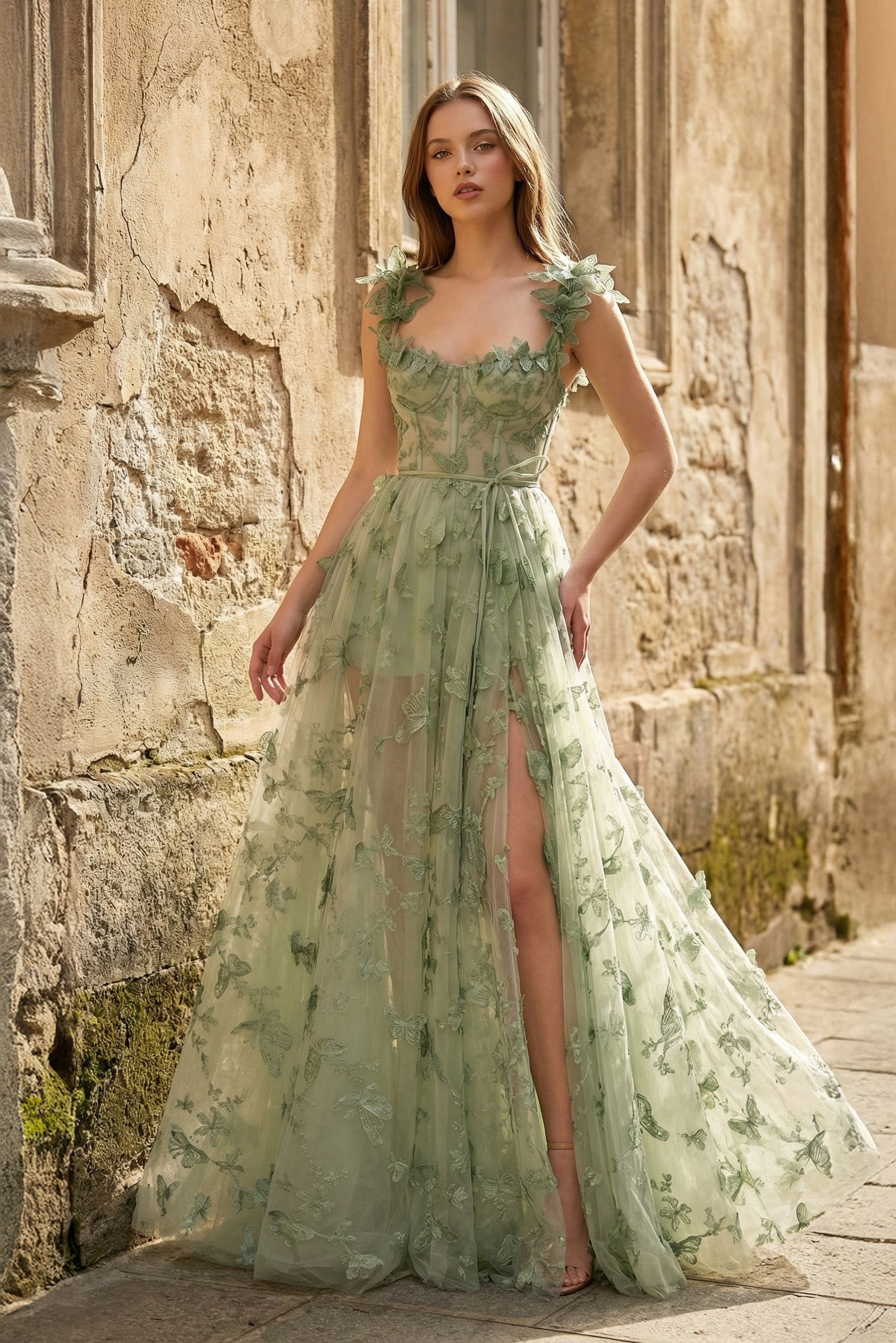 A-line Butterfly Lace Lilac Corset Prom Dress with Slit