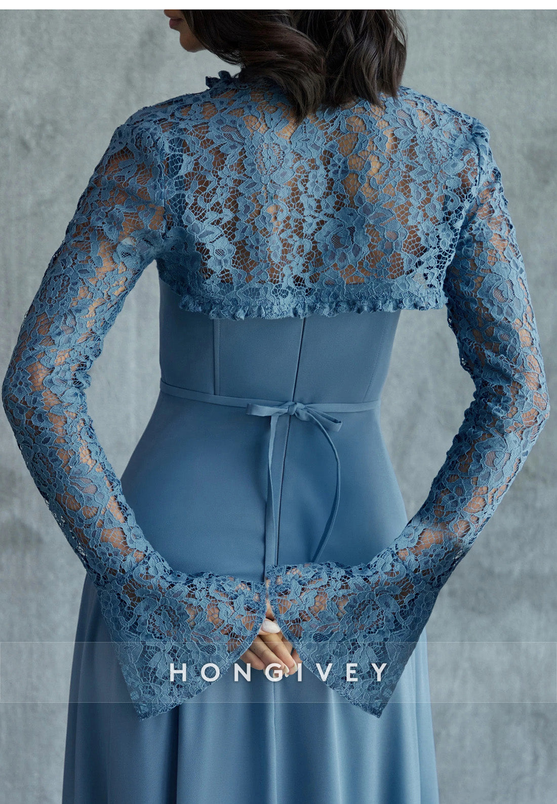 Lace Blue Long Sleeves A-Line Bell Sleeves Floor-Length Evening Gowns