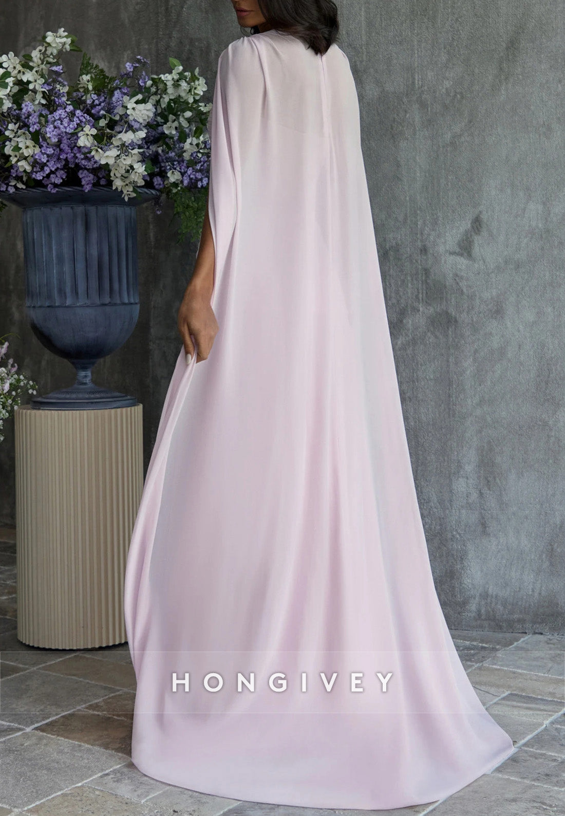 Pale Blush Evening Gown A-Line Floor-Length Wedding Guest Dress with Cape