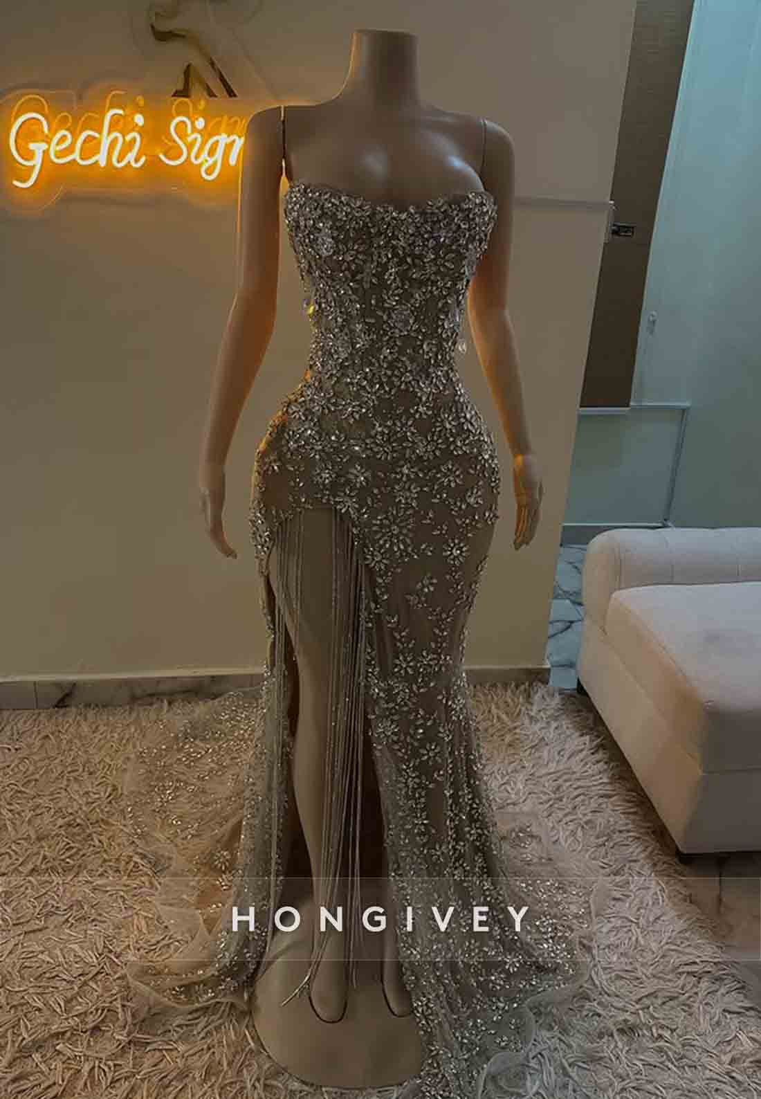 Strapless Strapless High Slit Mermaid Prom Dresses with Rhinestone and Tassel