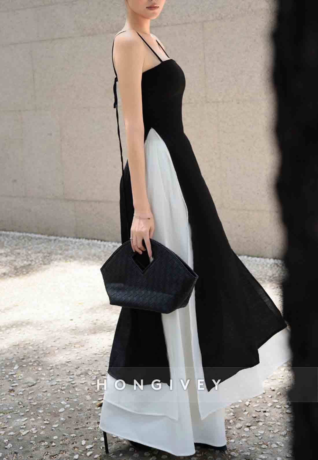Spaghetti Straps Sleeveless Simple black and white Floor-Length Evening Gowns