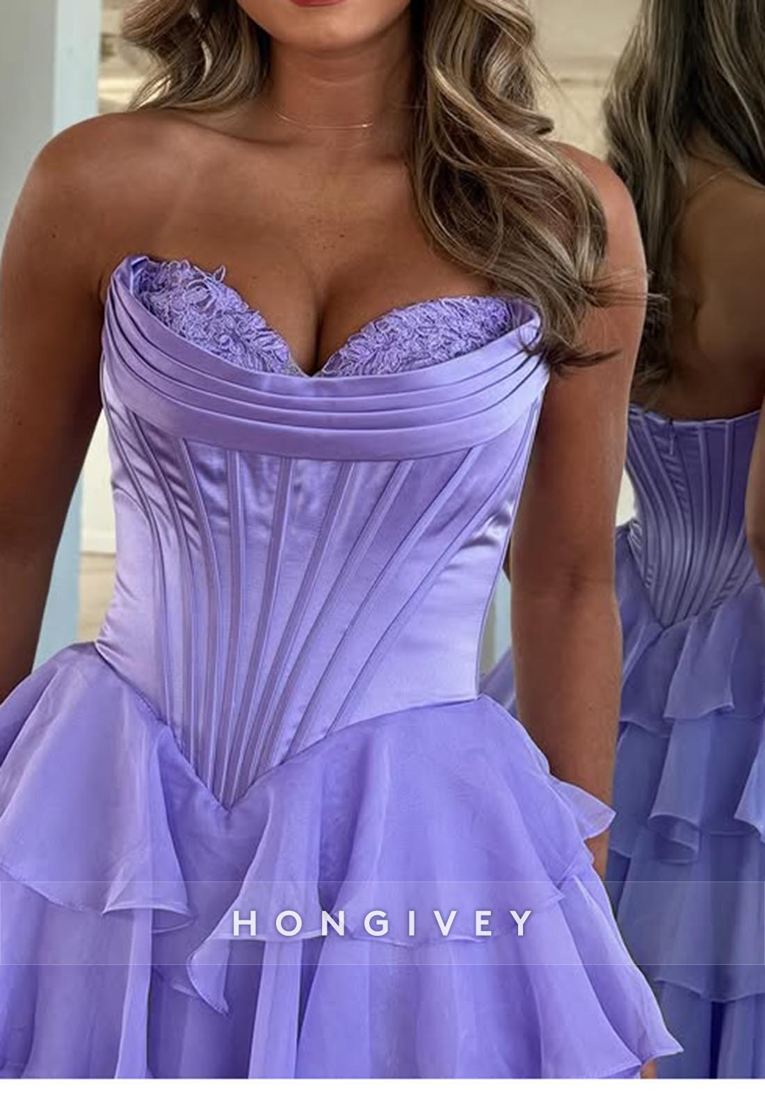 A-Line Tiered Pleats Floor-Length Sweetheart Evening Prom Dresses