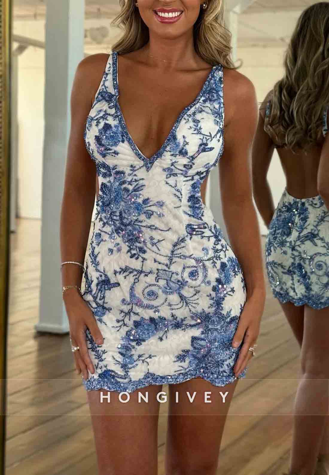 Low V-Neck Backless Mini Embroidery Sleeveless Mini Homecoming Dresses