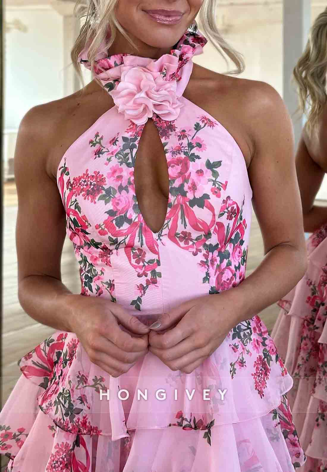 Halter Floor-Length Floral Print Side Slit Prom Dresses with Keyhole Neck