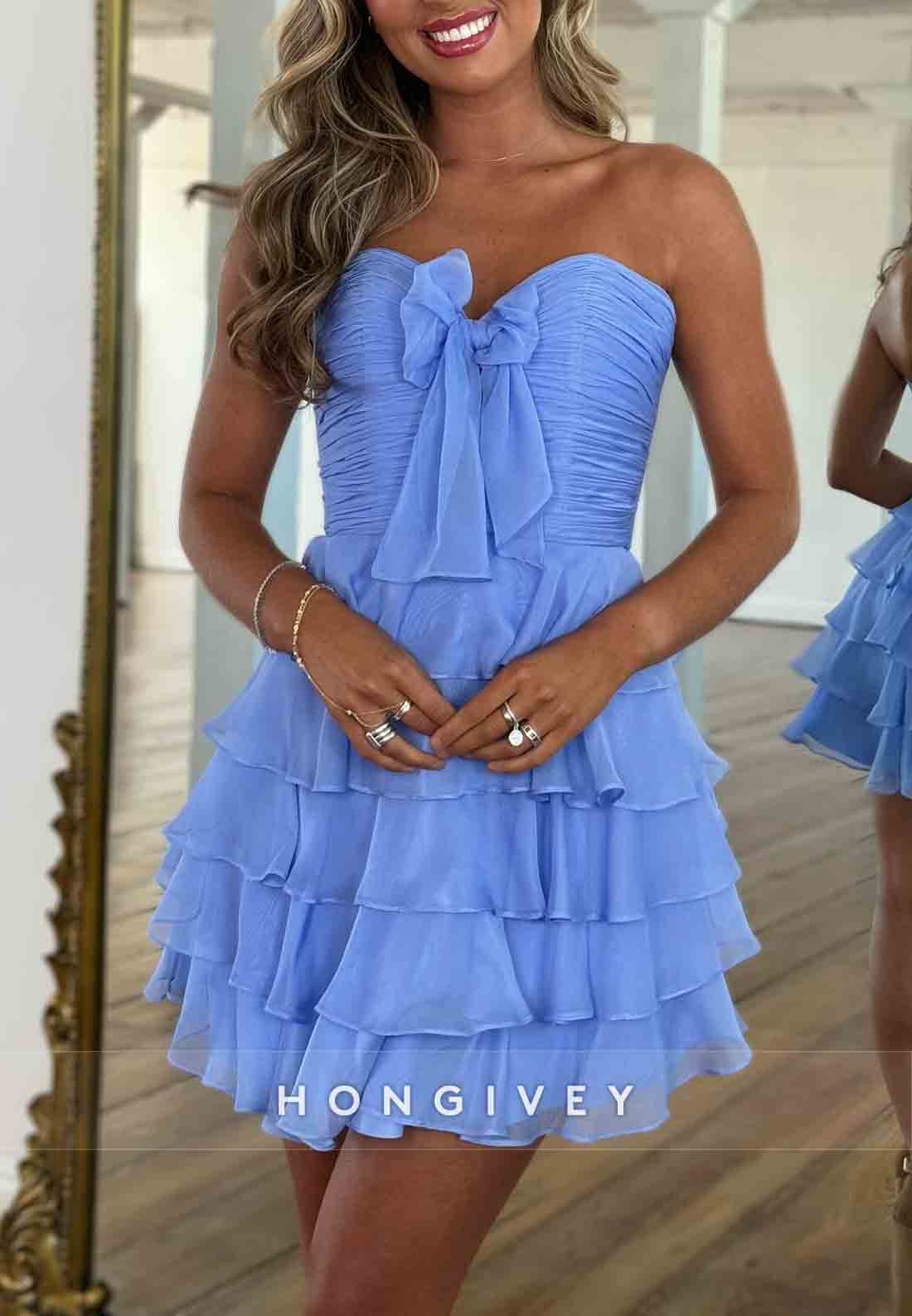Bowknot Strapless A-Line Sweetheart Ruffles Short Homecoming Dresses