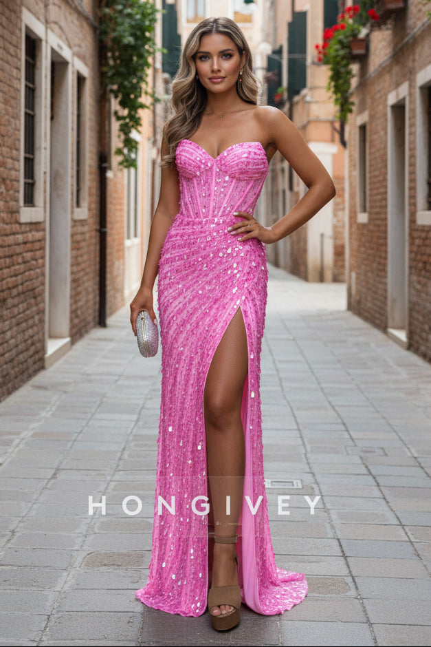 Pink Sweetheart Low Back Strapless High Slit Sequined Column Prom Dresses