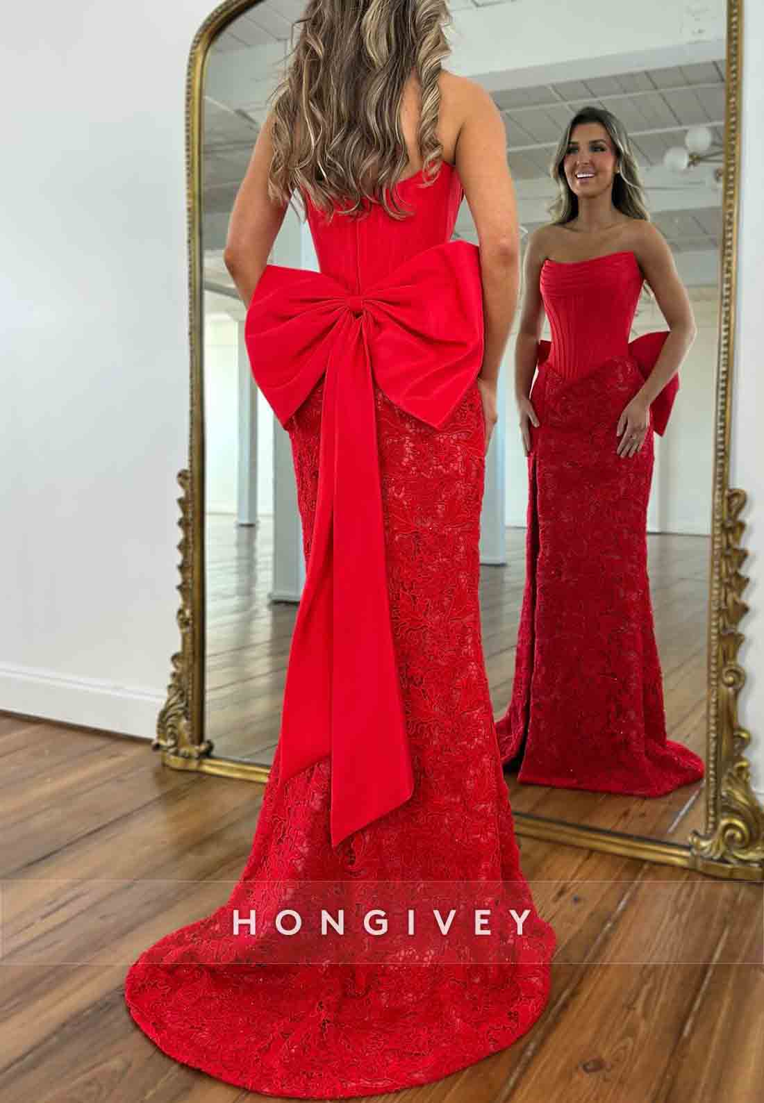Red Strapless Trumpet High Slit Embroidery Prom Dresses with Bowknot