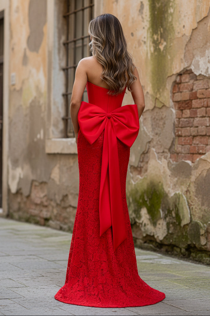 Red Strapless Trumpet High Slit Embroidery Prom Dresses with Bowknot