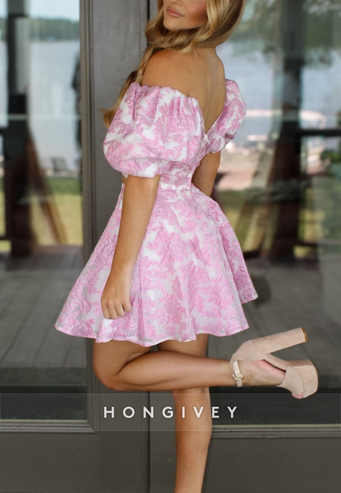 Cute Pink Off the Shoulder Split A-Line Short Homecoming Dress with Puff Sleeve