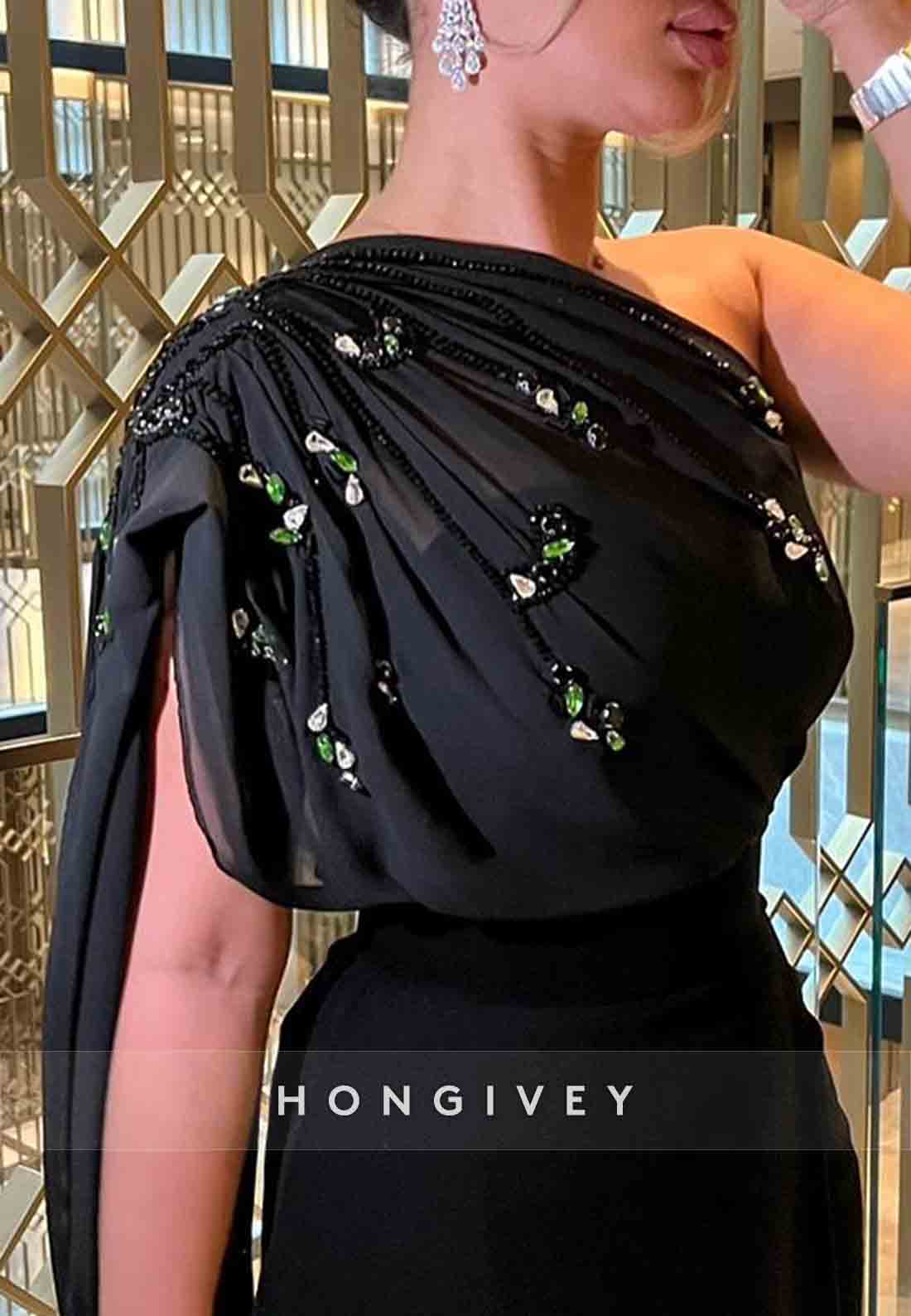 One Shoulder Side Draping Rhinestone Column Ankle-Length Evening Gowns