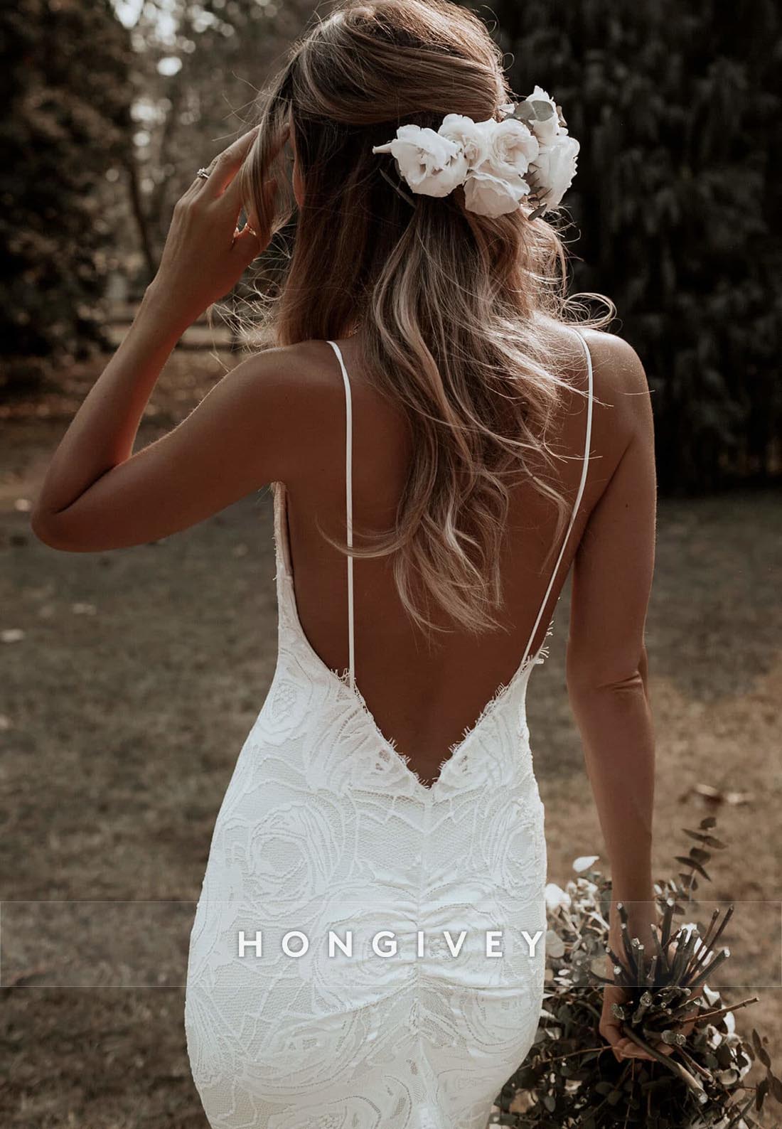 V Neck Spaghetti Straps Lace Mermaid Low Back Chapel Train Beach Wedding Dresses
