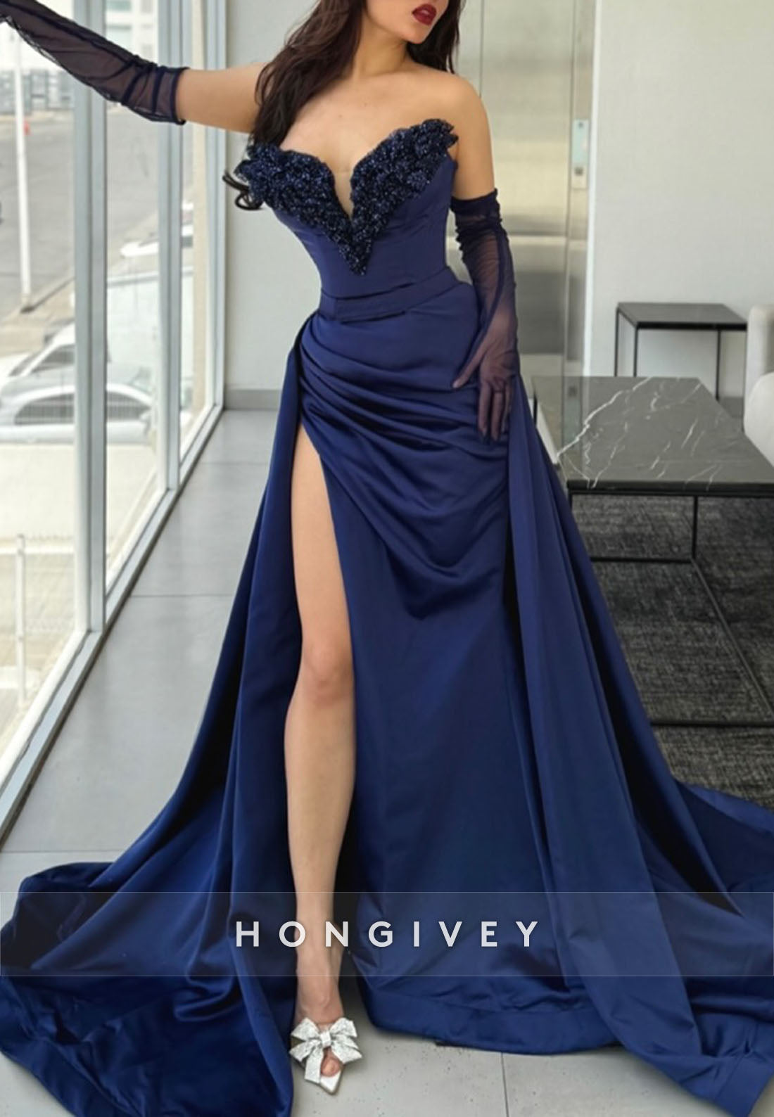 HIgh Slit Navy Blue V Neck Court Train Beading Evening Gown